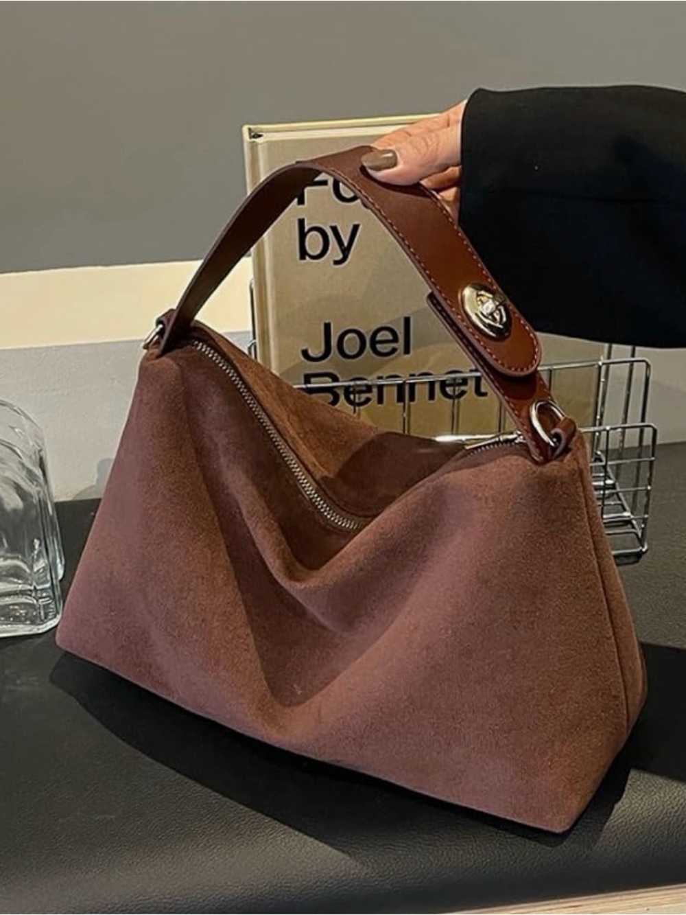 Brown Suede Shoulder Bag with Leather Handle